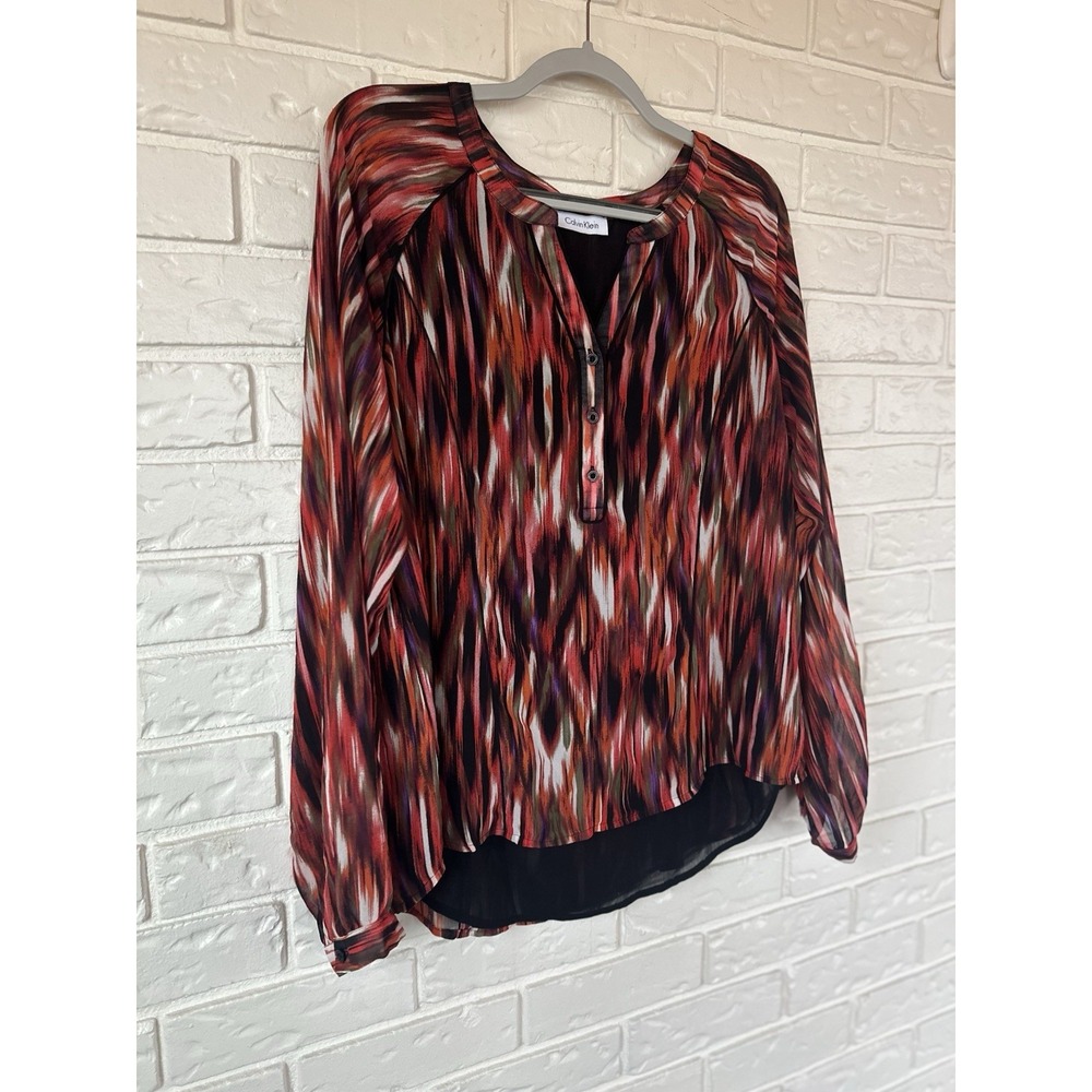 Calvin Klein Women's Multicolor Ikat Print Sheer Chiffon Hi-Low Blouse Medium - Picture 6 of 9